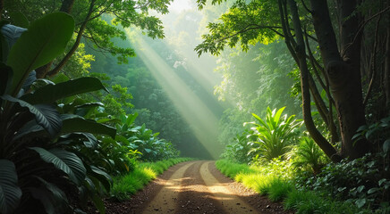 Fototapeta premium Serene forest pathway illuminated by sun rays through trees 