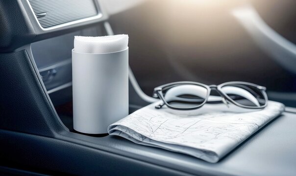 Essentials for a pleasant drive: Glasses, a map, and tissues on the car dashboard.