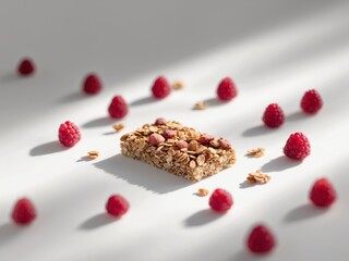 Bar granola raspberries scattered around it is rectangular energy composition
