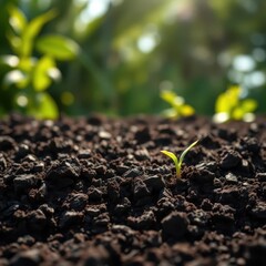 Rich dark soil, ready for planting, sunlit green blur background, vibrant, farm, green