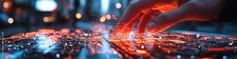 Fototapete Immersive AI Tech Visualization Quantum Computing Interface with Holographic Data Mapping, Cybernetic Workflow Innovation for Next-Generation Digital Transformation