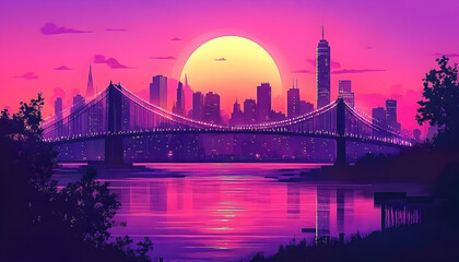 Vibrant sunset over a city skyline with a bridge, reflecting colors on the water, creating a serene atmosphere