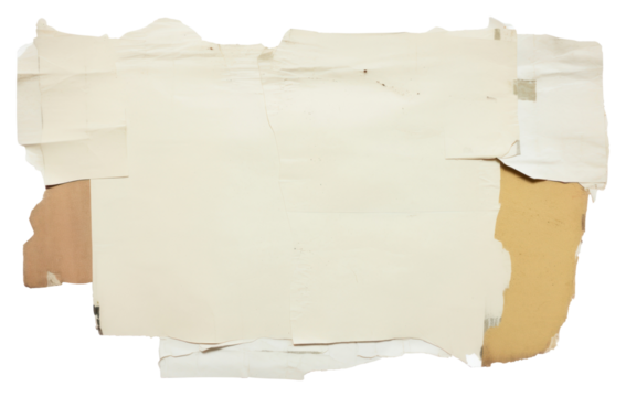 PNG  Distorted paper collage element backgrounds white text.