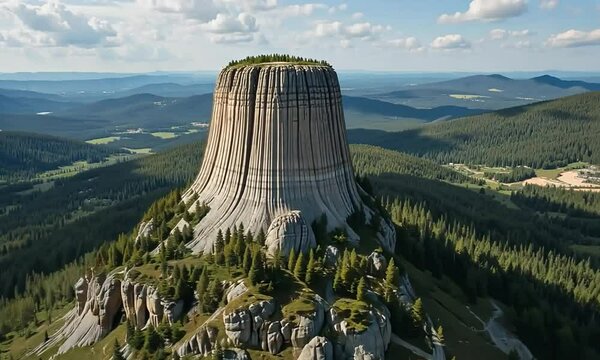 Aerial view of Devils Tower National Monument in the United States. 4k video