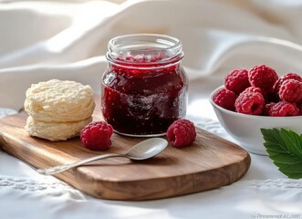 Raspberry jam with fresh raspberries and biscuits on wooden board