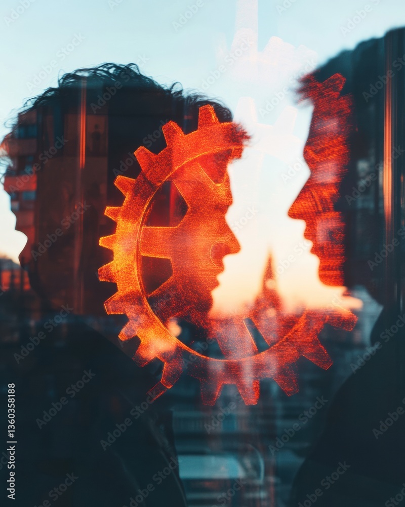 Poster augmented innovation luminescent gear metaphor revealing collaborative tech synergy in next-gen prof