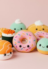 Obraz premium Playful collection of plush sushi and donut toys, perfect for cute-themed decor.