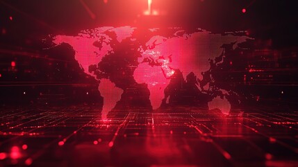 A digitalized world map on a red background with flashing light and shadow effects, embodying the dynamic digital world of global communication.