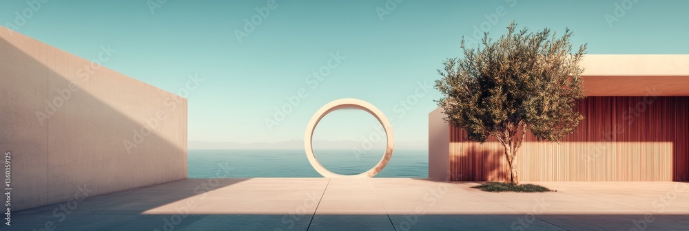 Poster minimalist architectural serenity zen-inspired circular portal with olive tree in tranquil coastal l