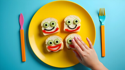 Funny Food Art - Smiling Sandwich Faces on Plate
