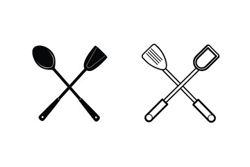 Crossed Cooking Utensils Spoons, Spatulas, Kitchenware, Icons, Black, White, Simple, Minimalist, Des