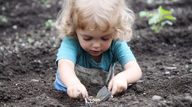 Child Planting Seeds in the Garden Capture the innocence of a child planting seeds in the soil. The child holds a small trowel and plants flower seeds in a garden bed, with their hands 