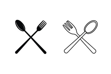 Crossed Fork and Spoon Icons Black, White, Restaurant, Food, Cutlery