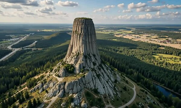 Aerial view of Devils Tower National Monument in the United States. 4k video
