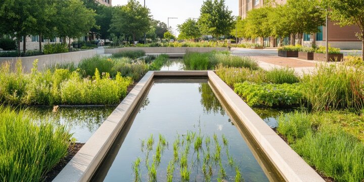 Regenerative Urban Water Design Advanced Stormwater Rain Garden Showcasing Climate-Resilient Landscape Architecture for Sustainable City Infrastructure