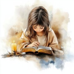 Young girl immersed in reading the Holy Bible by candlelight, symbolizing childlike faith sacred focus and love for God's word. Digital watercolor painting illustration
