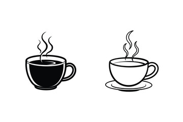 Hot Coffee Cups Two Styles, Steam, Beverage, Drink, Café, Outline, Silhouette, Mug, Icon, Design