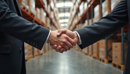 Business partners handshake in warehouse. Two men in suits make deal in storage. Collaboration in logistics, storage, industry. Pro agreement, work, commerce, trade. Distribution boxes on shelf.