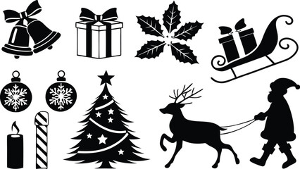 Christmas symbols Set characters. Elements for poster of sticker design. Retro character, psychedelic mushroom, hippie 70s style, flowers, planet earth. SVG, PNG, JPEG vector set 