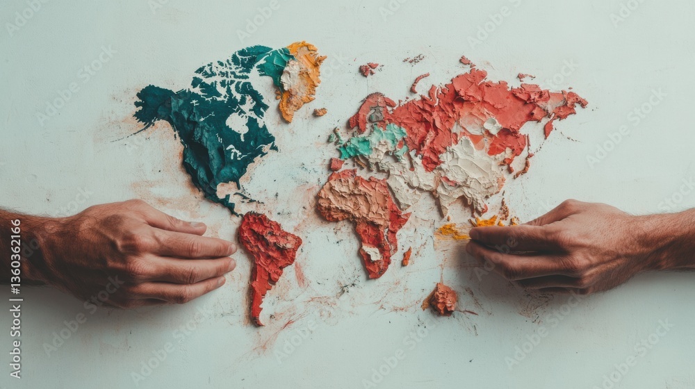 Poster Global Unity Reimagined Diverse Hands Constructing Textural World Map - Collaborative Innovation, Cross-Cultural Connection, and Transformative Geopolitical Visualization