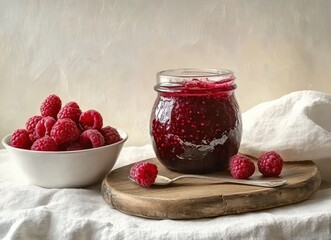 Raspberry jam in jar with fresh raspberries on wooden board