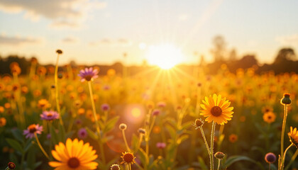 Vibrant wildflowers blooming against a sunset backdrop  