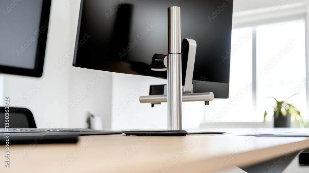 Fototapete minimalist ergonomic workspace advanced triple-monitor desk setup with sleek adjustable arms - produ