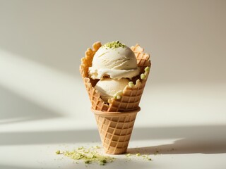 Scoop vanilla ice cream waffle cone light green of pistachio