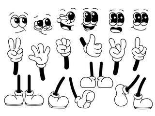 Cartoon retro leg, hand and face. Comic groovy hands in gloves, vintage legs and foot in shoes and funny emotion. Different poses arm and feet. Body parts mascot. Vector set