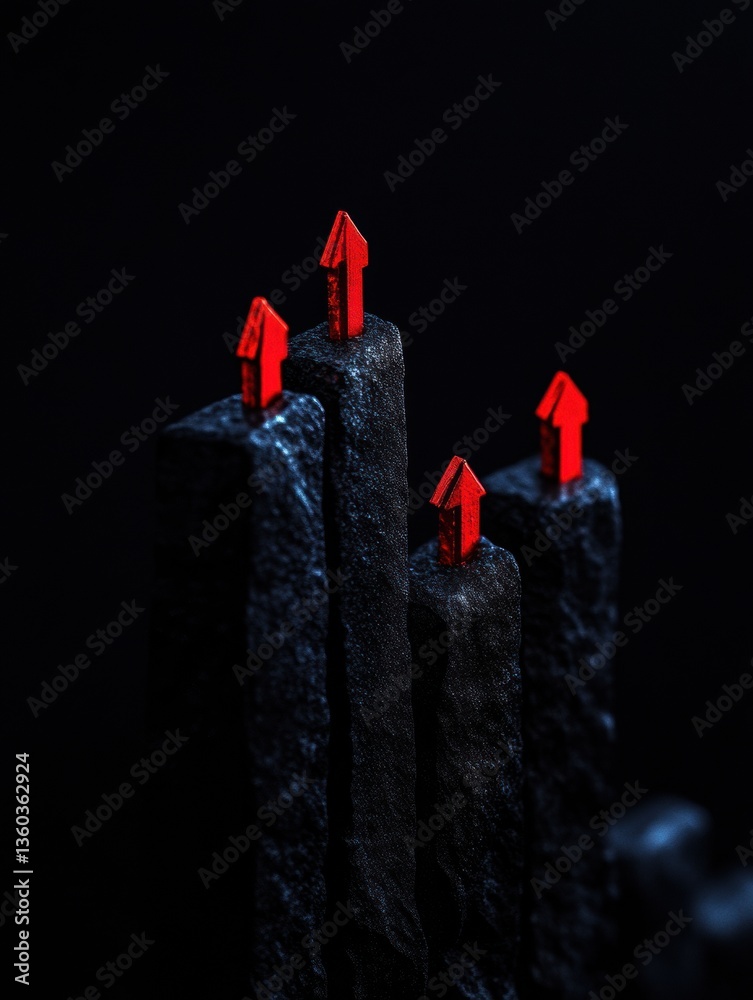 Poster quantum disruption visualization minimalist red growth arrows breaking through dark industrial terra
