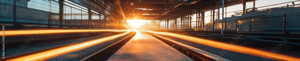 Poster Hyper-Efficient Industrial AI Revolution Next-Gen Manufacturing Optimization with Dynamic Motion Blur and Golden Hour Technological Transformation