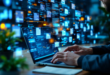 Businessmen use laptops to searching, managing and access information in files online document database, for efficient archiving and company data. Document Management System (DMS) concept