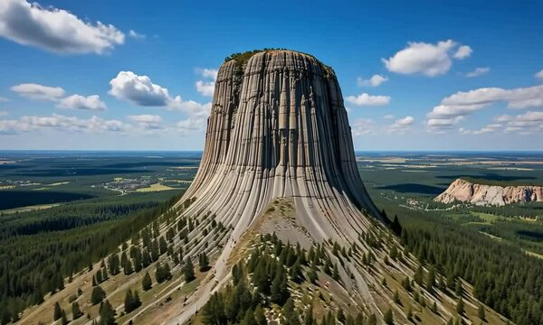 Aerial view of Devils Tower National Monument in the United States. 4k video