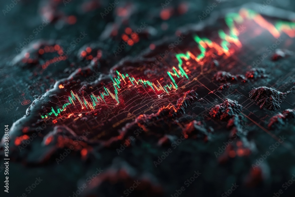 Poster Hyper-Realistic Financial Data Visualization Immersive Economic Terrain Mapping with AI-Driven Market Trend Analysis for Next-Gen Investment Intelligence