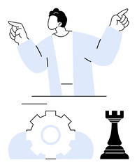 Person gesturing decisively, gear mechanism symbolizing planning, and chess rook signifying strategy. Ideal for leadership, decision-making, strategy, business growth, teamwork, problem-solving