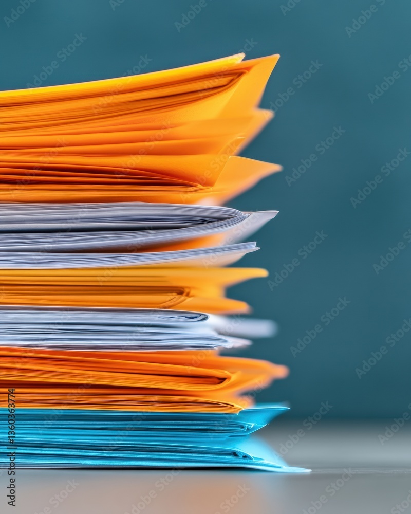 Poster Minimalist Workflow Optimization Colorful Document Stack Revealing Productivity Insights for Digital Transformation in Modern Business Environments