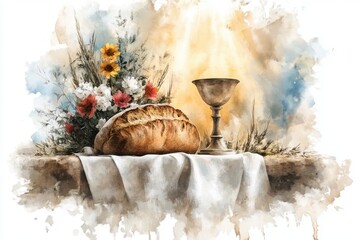 Conceptual representation of bread and chalice on a white cloth with heavenly light, symbolizing holy communion spiritual nourishment and sacred covenant. Digital watercolor painting illustration
