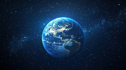 The Earth showing city lights against a starry sky background, highlighting the urbanization and global connection.