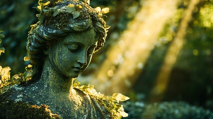 Mossy sculpture in sun-drenched garden, timeless beauty captured