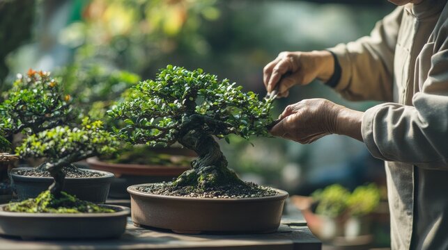 Gardener Tending to Bonsai Trees Depict a gardener pruning and shaping bonsai trees in a peaceful garden setting. The tiny trees sit in pots, each one meticulously cared for to achieve