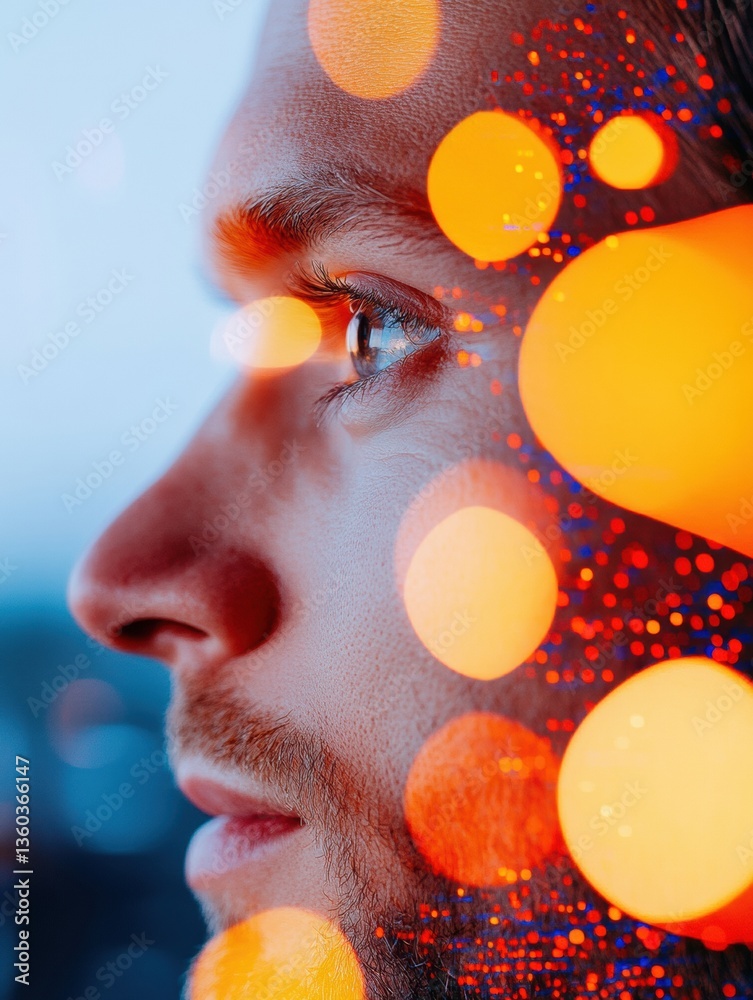Poster Immersive Digital Sensory Portrait Next-Gen Creative Professional Exploring Emotional Tech Interface with Dynamic Chromatic Bokeh Visualization