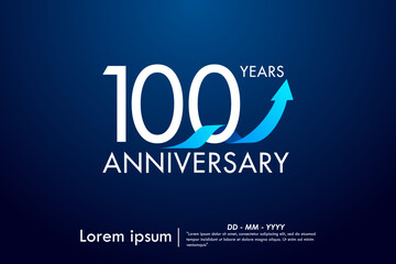 100th years anniversary celebration emblem. anniversary logo isolated with arrow growth up and blue ribbon on dark blue background. vector illustration template design