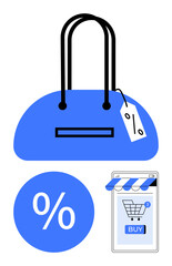 Blue handbag with a discount tag, large percentage symbol, and a mobile device showing an online shopping cart. Ideal for e-commerce, online shopping, sales, discounts, fashion, digital retail