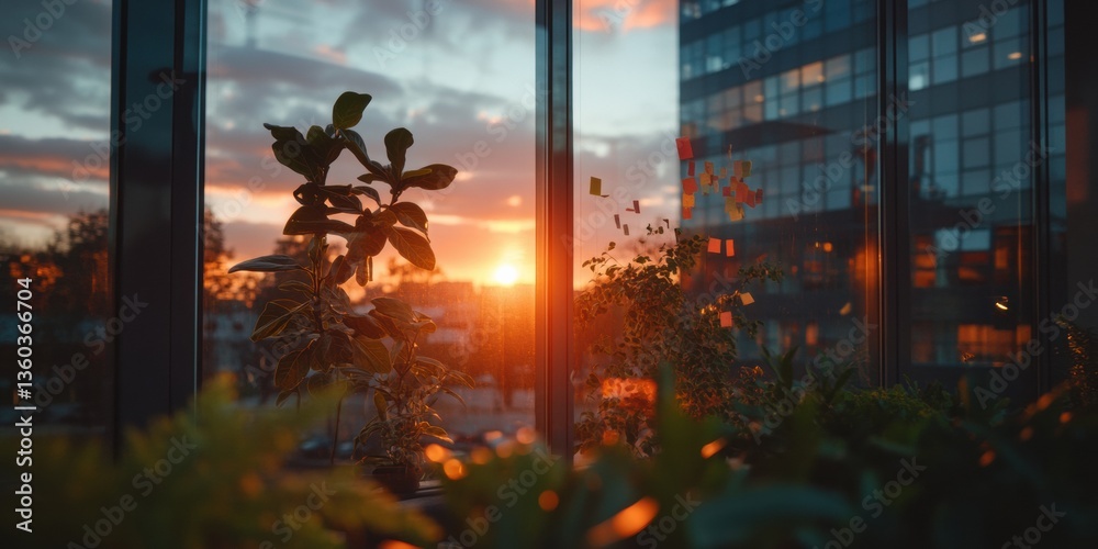 Poster sunset serenity urban biophilic workspace with golden hour glow - transformative professional enviro