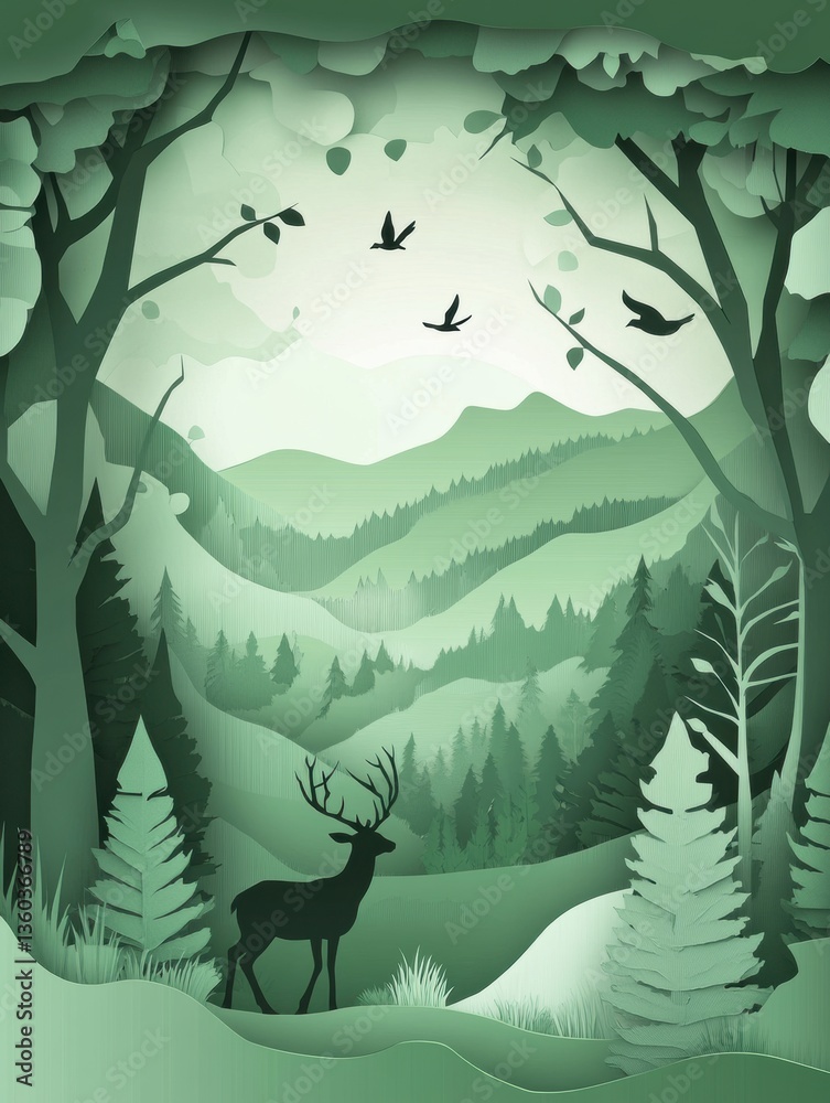 Aufkleber layered paper cut forest with deer and birds in soft green tones creating depth and tranquility in a