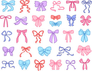 Set of colored decorative bows. Hand drawn. Vector elements for design isolated on white background.