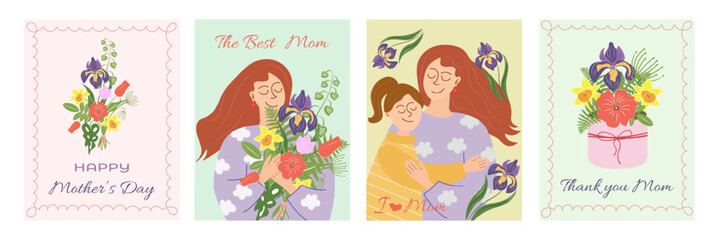A beautiful Mother's Day illustration Set featuring floral bouquets, a loving mother and child, and heartfelt messages. Perfect for greeting cards, posters, and digital designs celebrating Moms. 