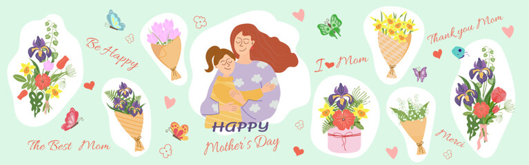 A beautiful Mother's Day illustration Set featuring floral bouquets, a loving mother and child, and heartfelt messages. Perfect for greeting cards, posters, and digital designs celebrating Moms. 