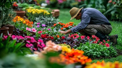 Gardener Working in a Flower Patch Show a gardener working in a flower patch, kneeling down and planting new flowers or trimming existing ones. The variety of colors from the flowers and 