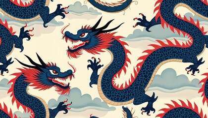 Hand drawn chinese dragon seamless pattern design. Blue dragon with red mane on cream color background. Vintage tattoo art. Oriental illustration wallpaper texture.